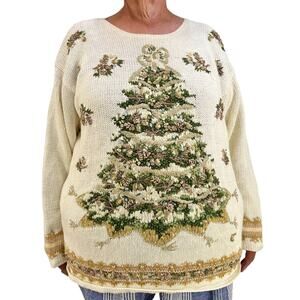 Vintage Christmas Tree Sweater Ivory Neutrals Gold Beaded Embellished by Tiara